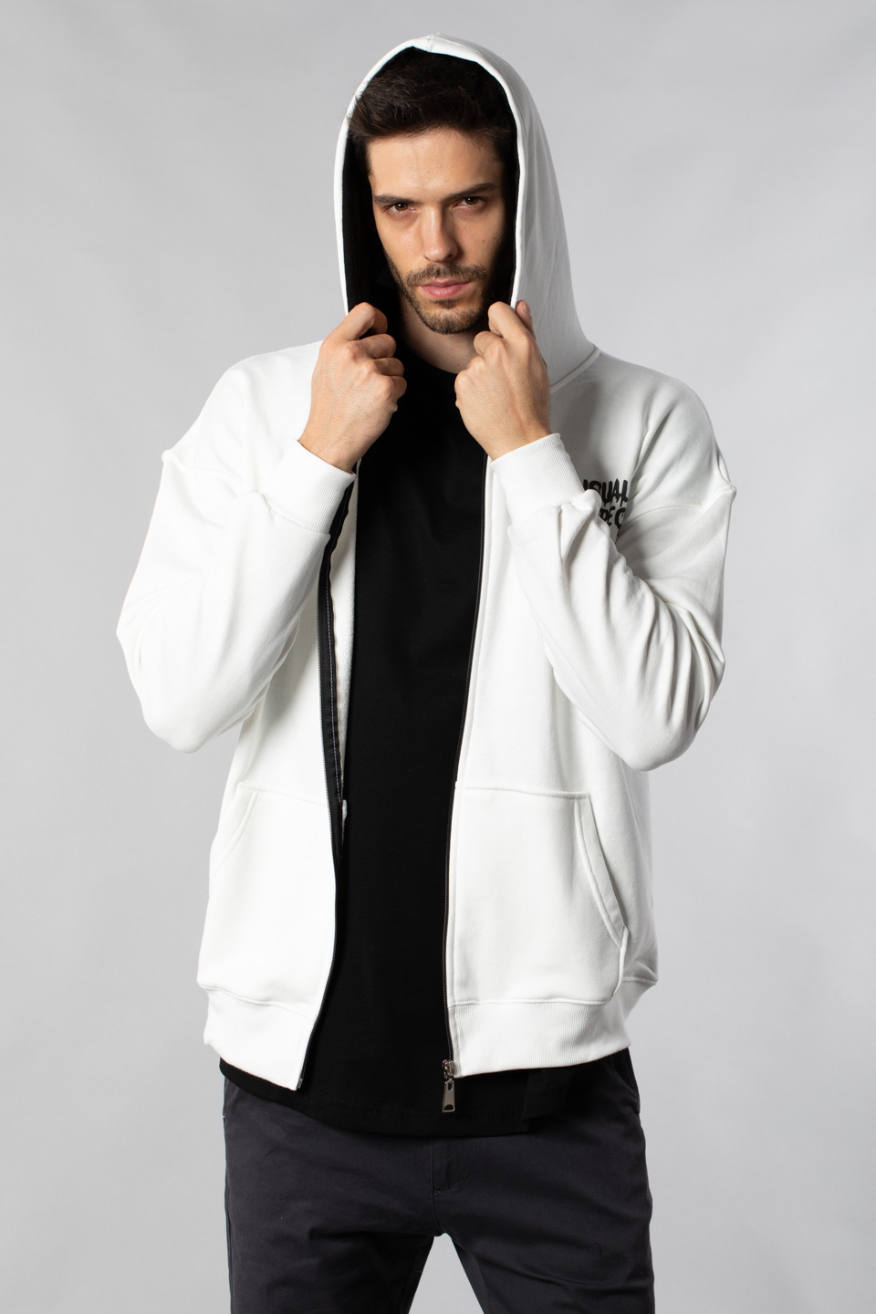 Önü Arkası Baskılı Fermuarlı Sweatshirt - Ekru