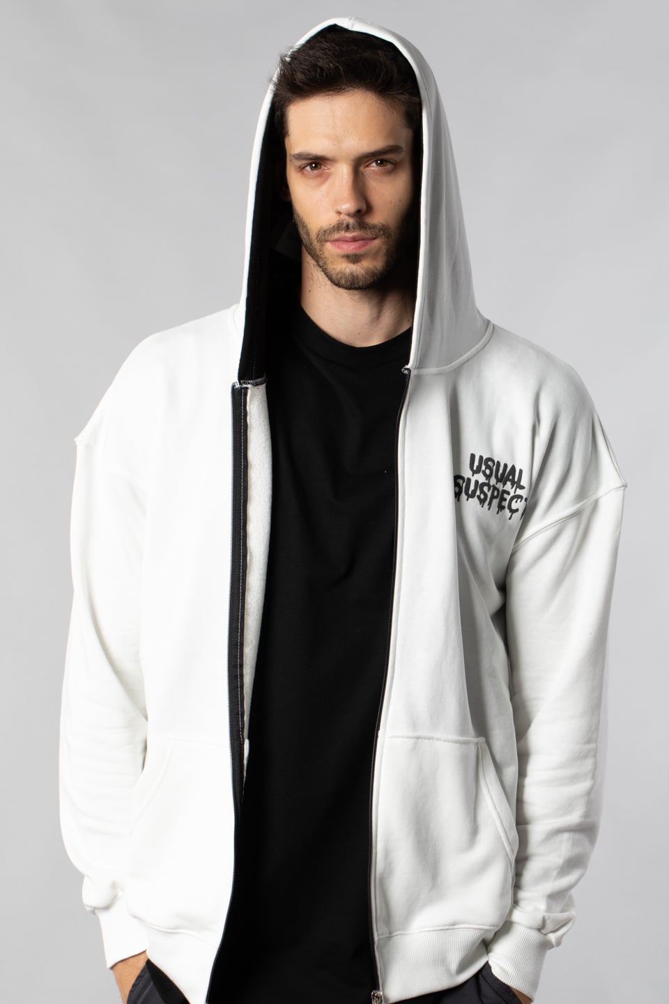 Önü Arkası Baskılı Fermuarlı Sweatshirt - Ekru