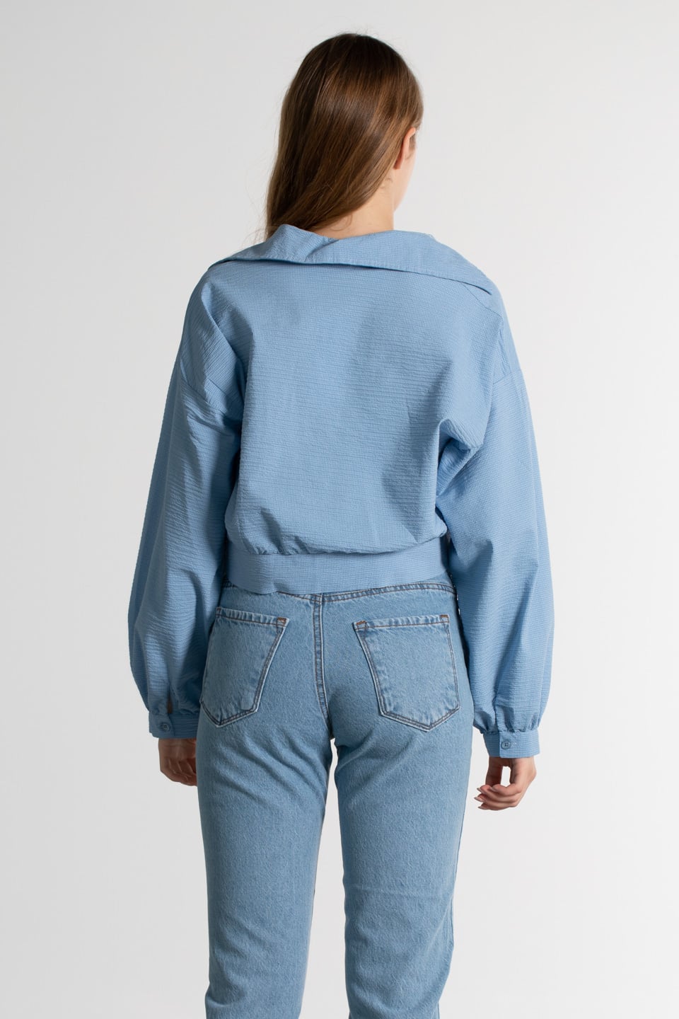 Önü bağlama detay gömlek-8007 Mavi