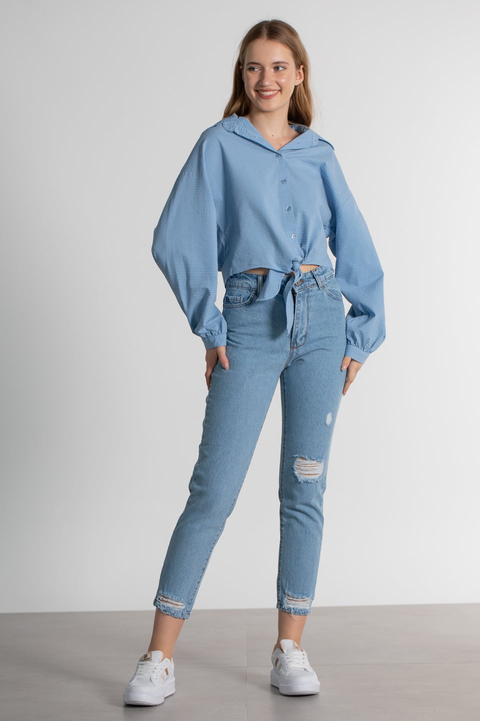 Önü bağlama detay gömlek-8007 Mavi