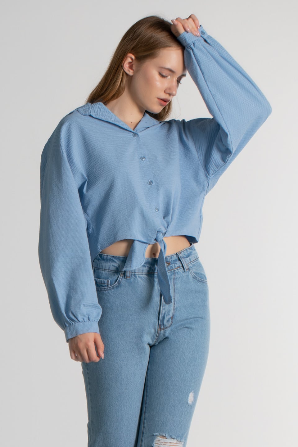 Önü bağlama detay gömlek-8007 Mavi