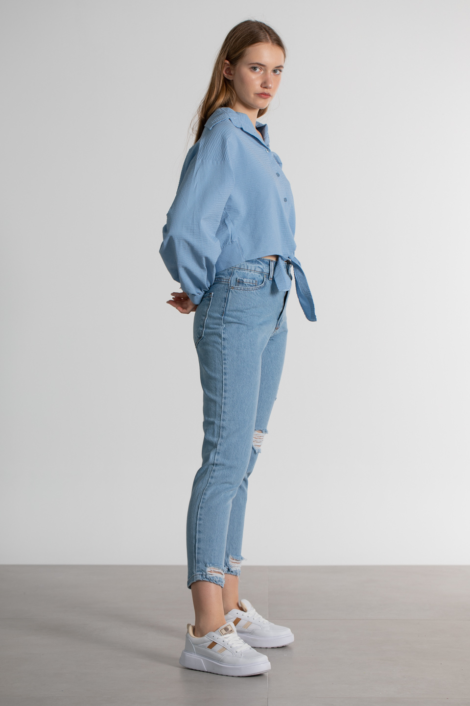 Önü bağlama detay gömlek-8007 Mavi