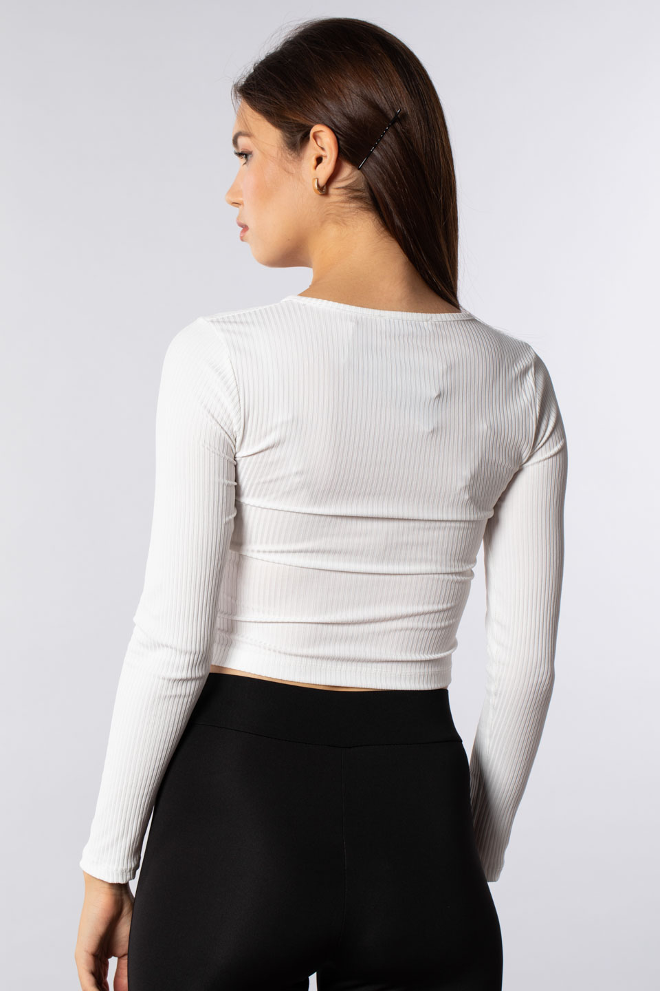 Önü bağlama detaylı uzun kollu body-7362 Beyaz