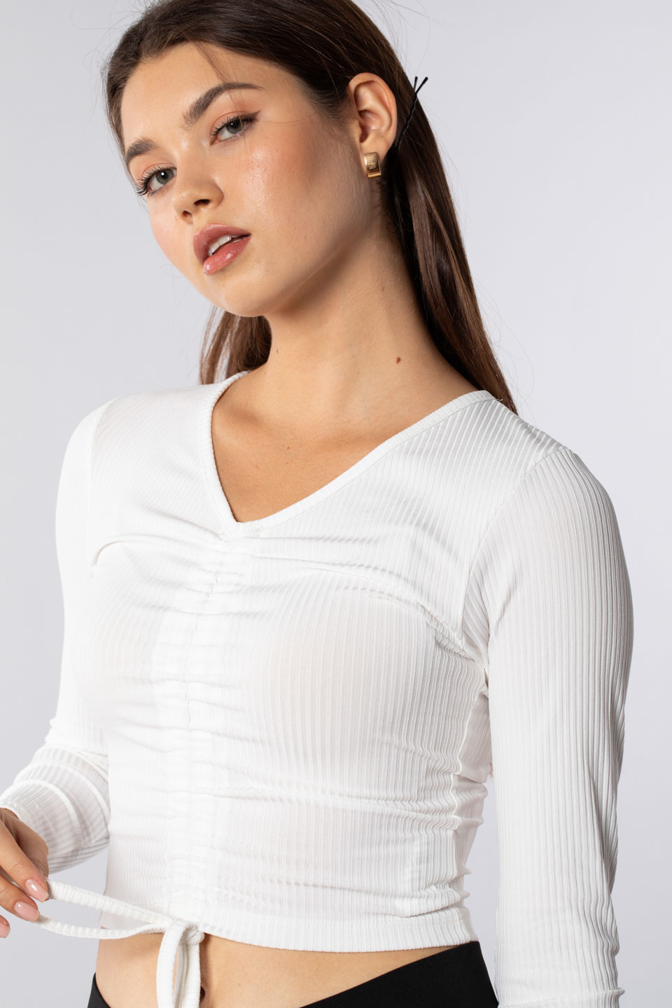 Önü bağlama detaylı uzun kollu body-7362 Beyaz