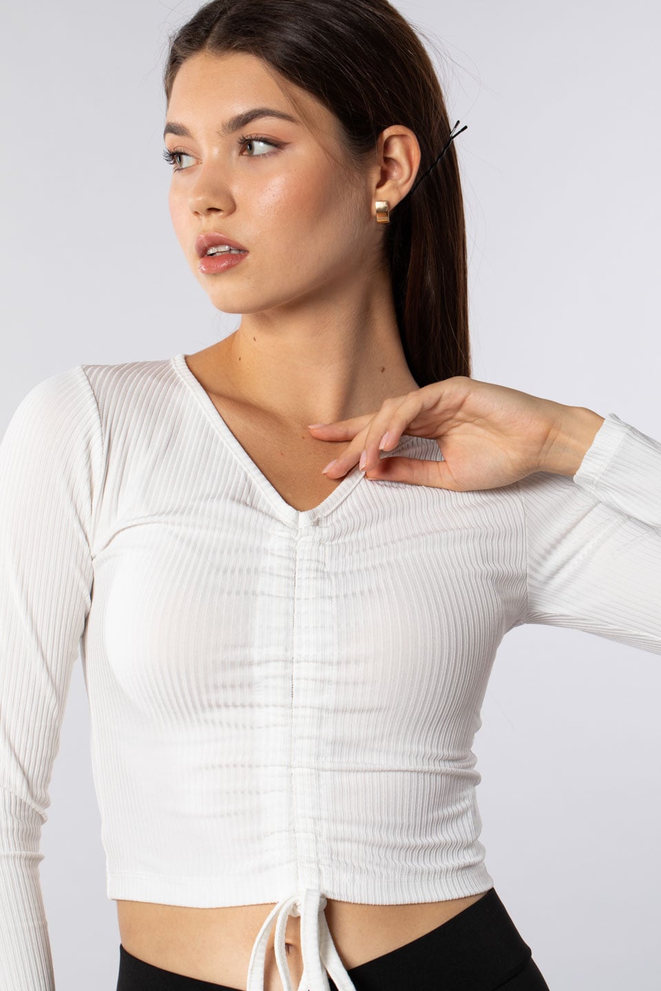Önü bağlama detaylı uzun kollu body-7362 Beyaz