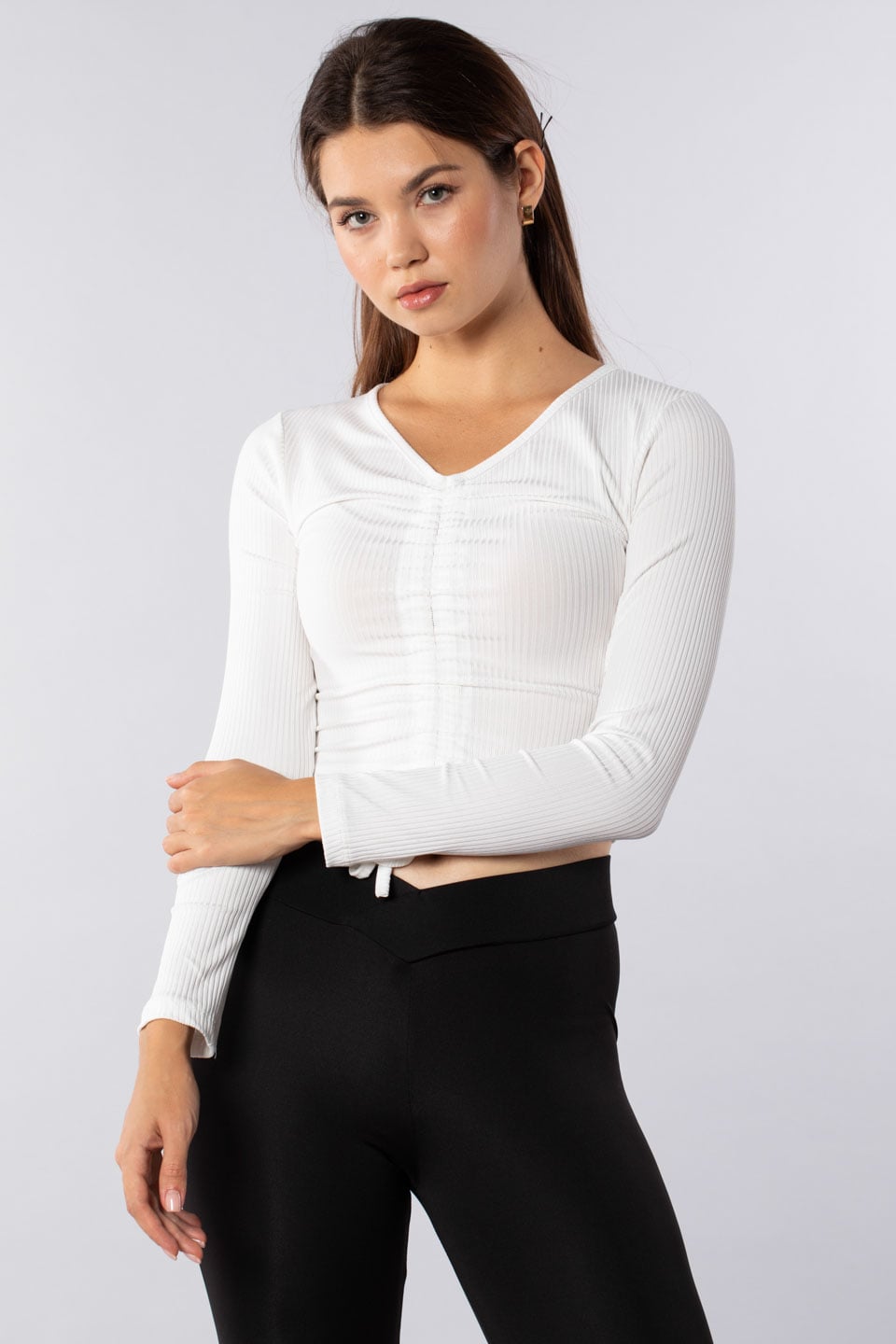Önü bağlama detaylı uzun kollu body-7362 Beyaz