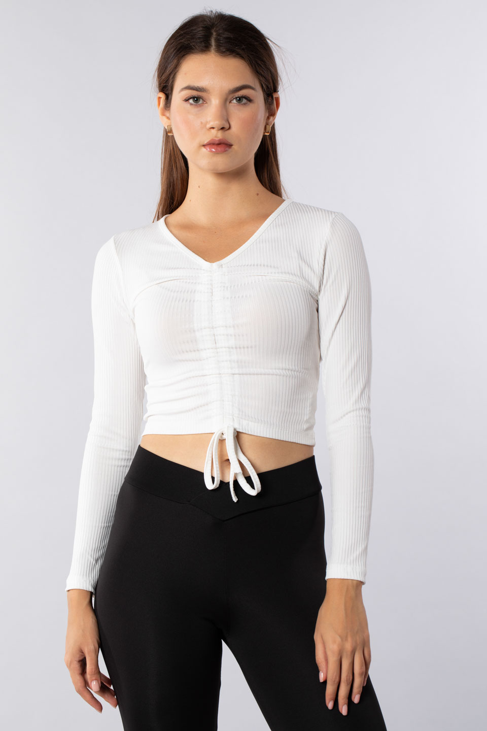 Önü bağlama detaylı uzun kollu body-7362 Beyaz