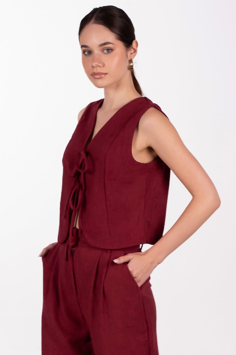 Önü bağlamalı yelek pantolon ikili takım-4764 Bordo