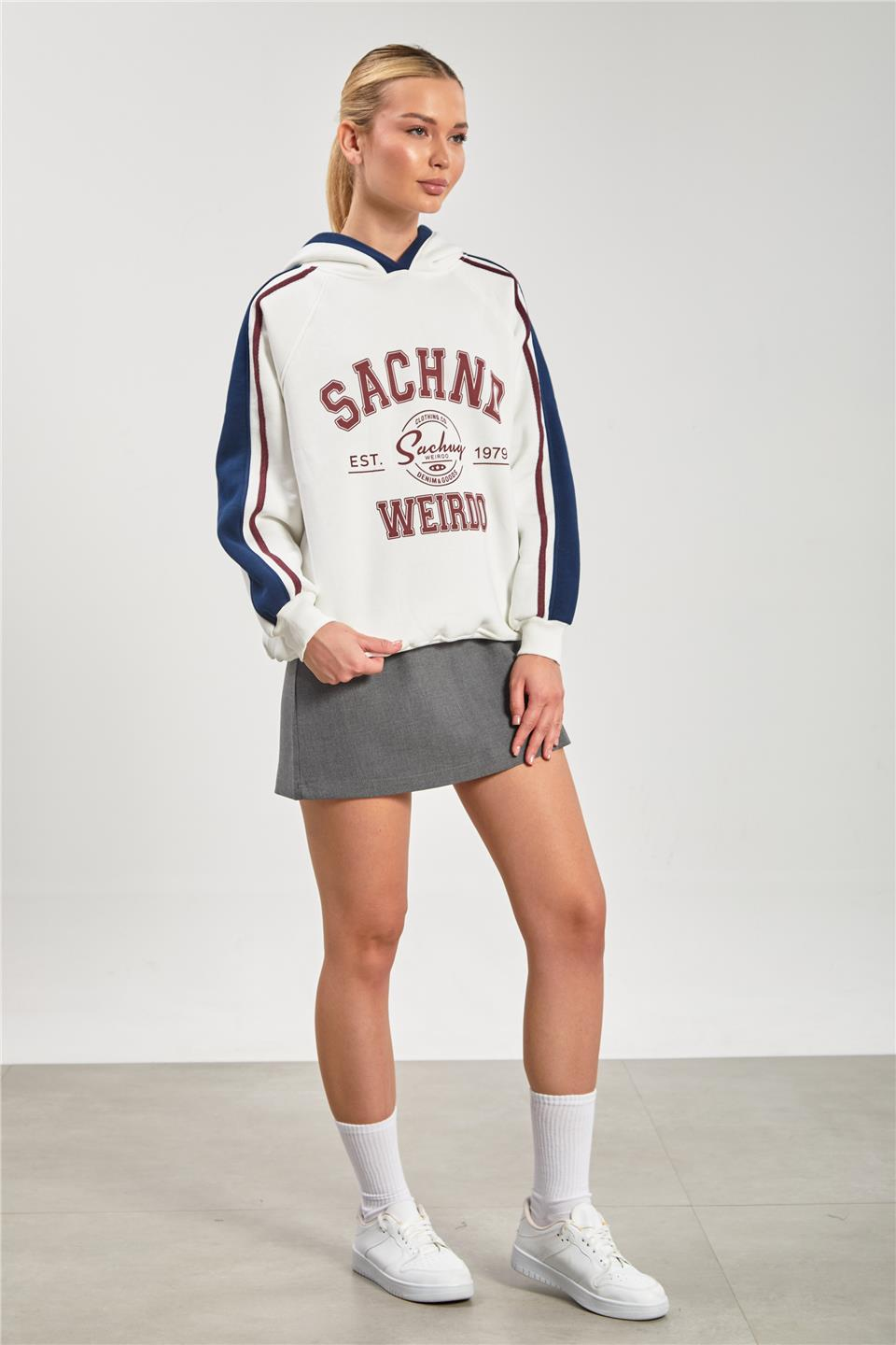 Önü baskılı kolları biyeli kapüşonlu sweatshirt-DVN1249 Ekru