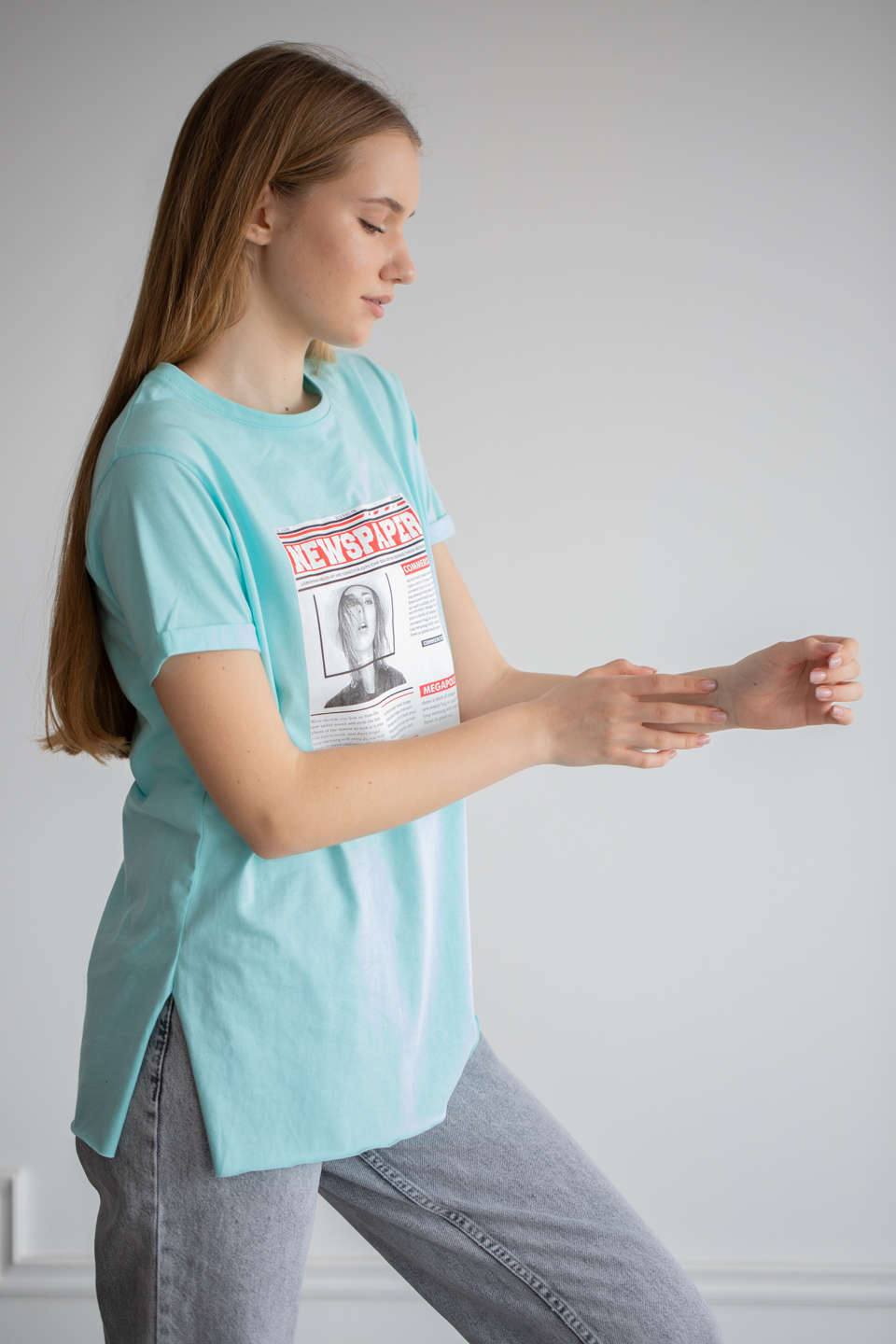 Önü baskılı t-shirt-22F-192 Aqua