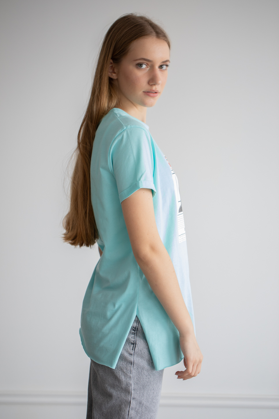 Önü baskılı t-shirt-22F-192 Aqua