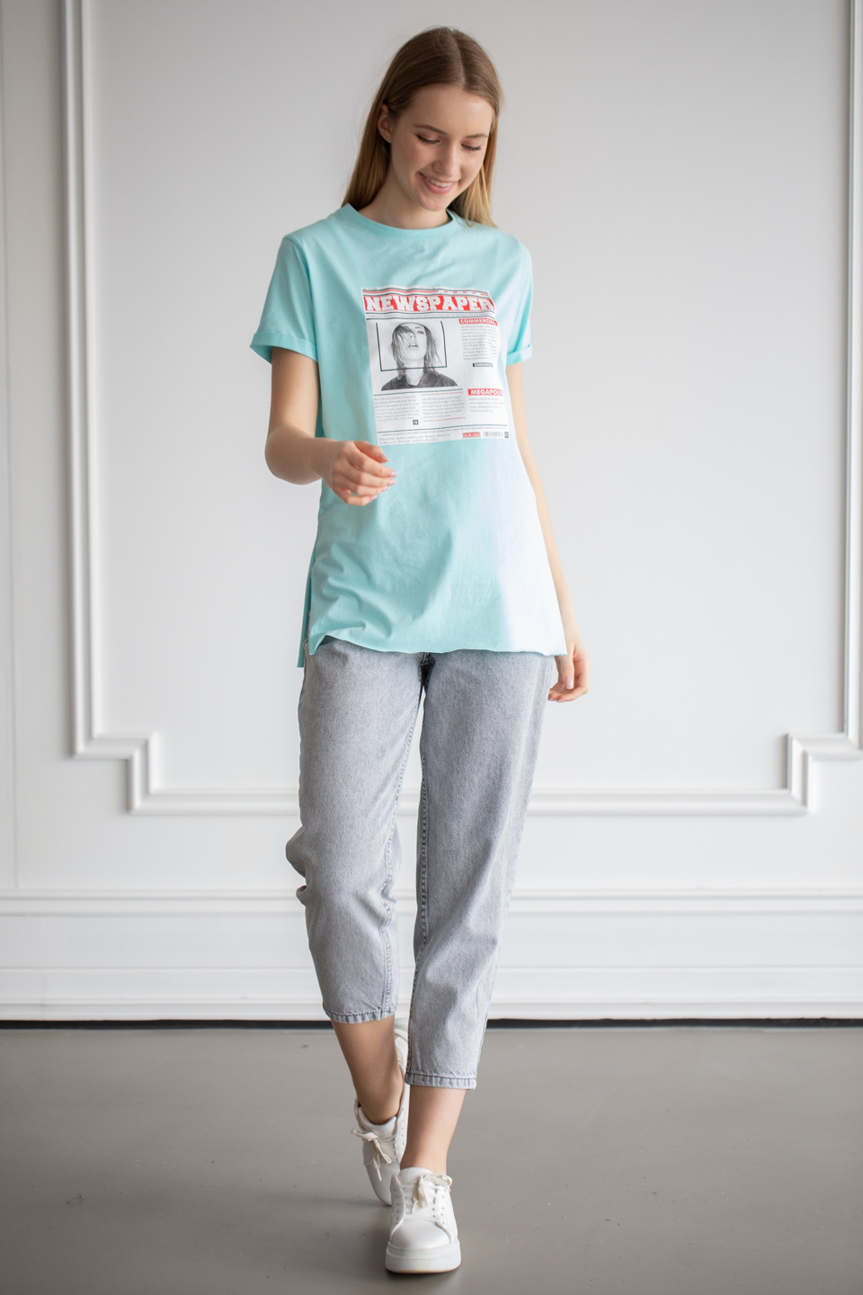 Önü baskılı t-shirt-22F-192 Aqua