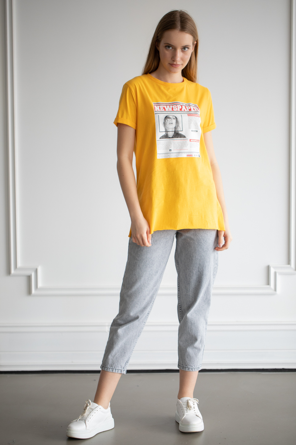 Önü baskılı t-shirt-22F-192 Sarı