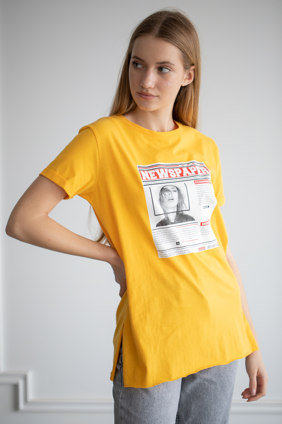 Önü baskılı t-shirt-22F-192 Sarı