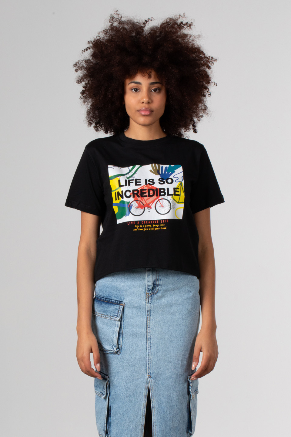 Önü bisiklet baskıl crop t-shirt-182 Siyah