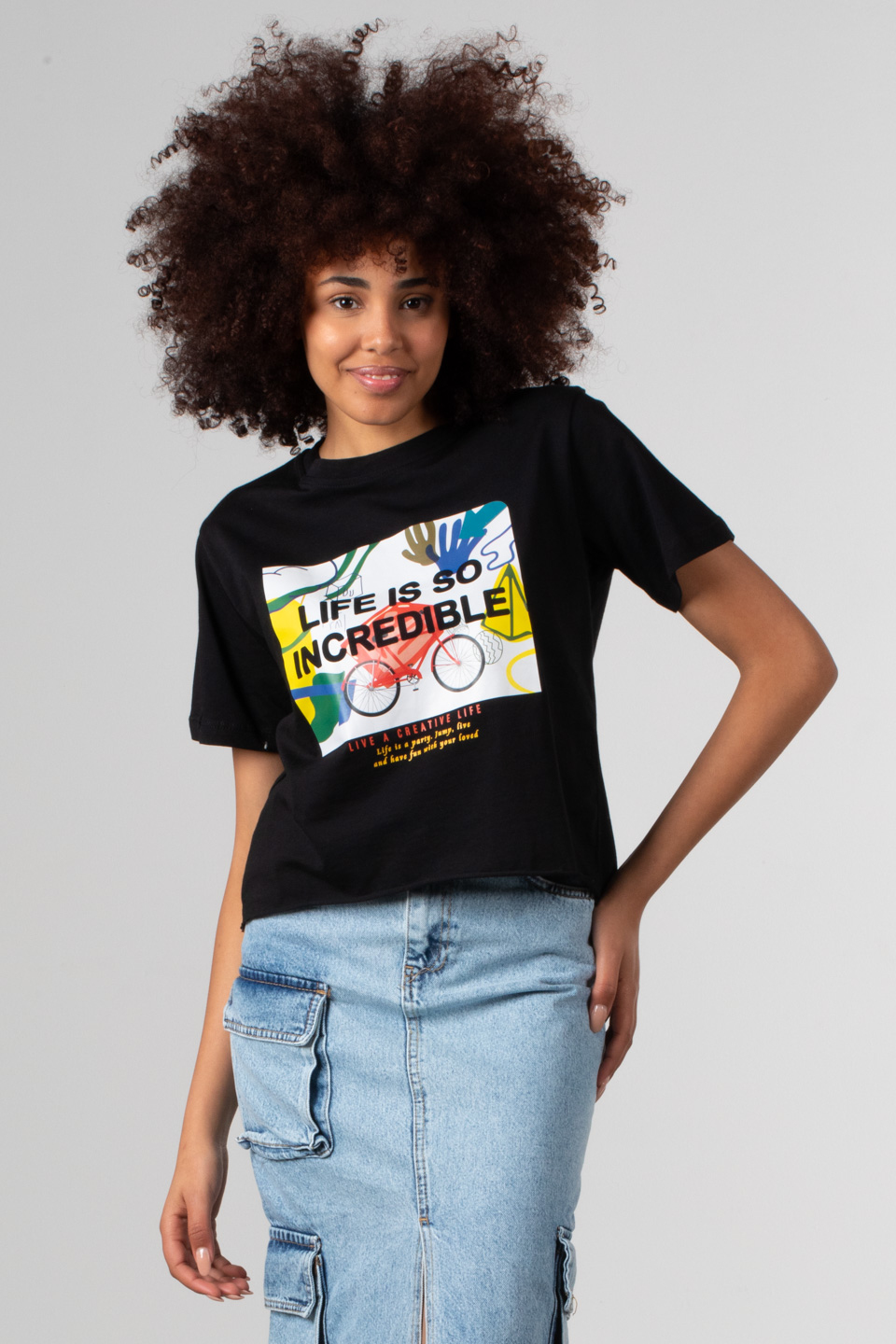 Önü bisiklet baskıl crop t-shirt-182 Siyah