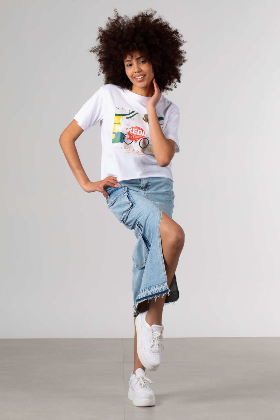 Önü bisiklet baskılı crop t-shirt-182 Beyaz