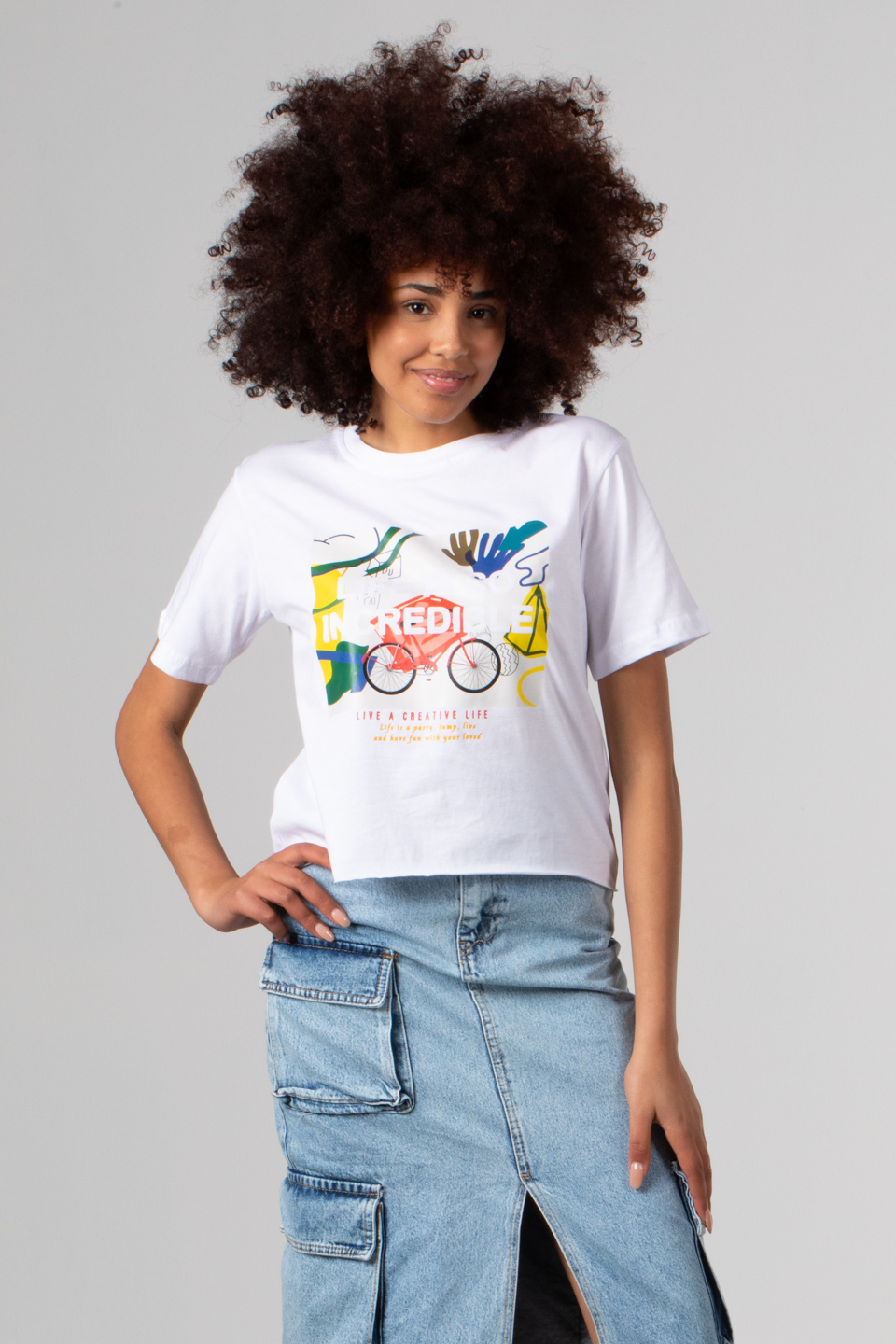 Önü bisiklet baskılı crop t-shirt-182 Beyaz