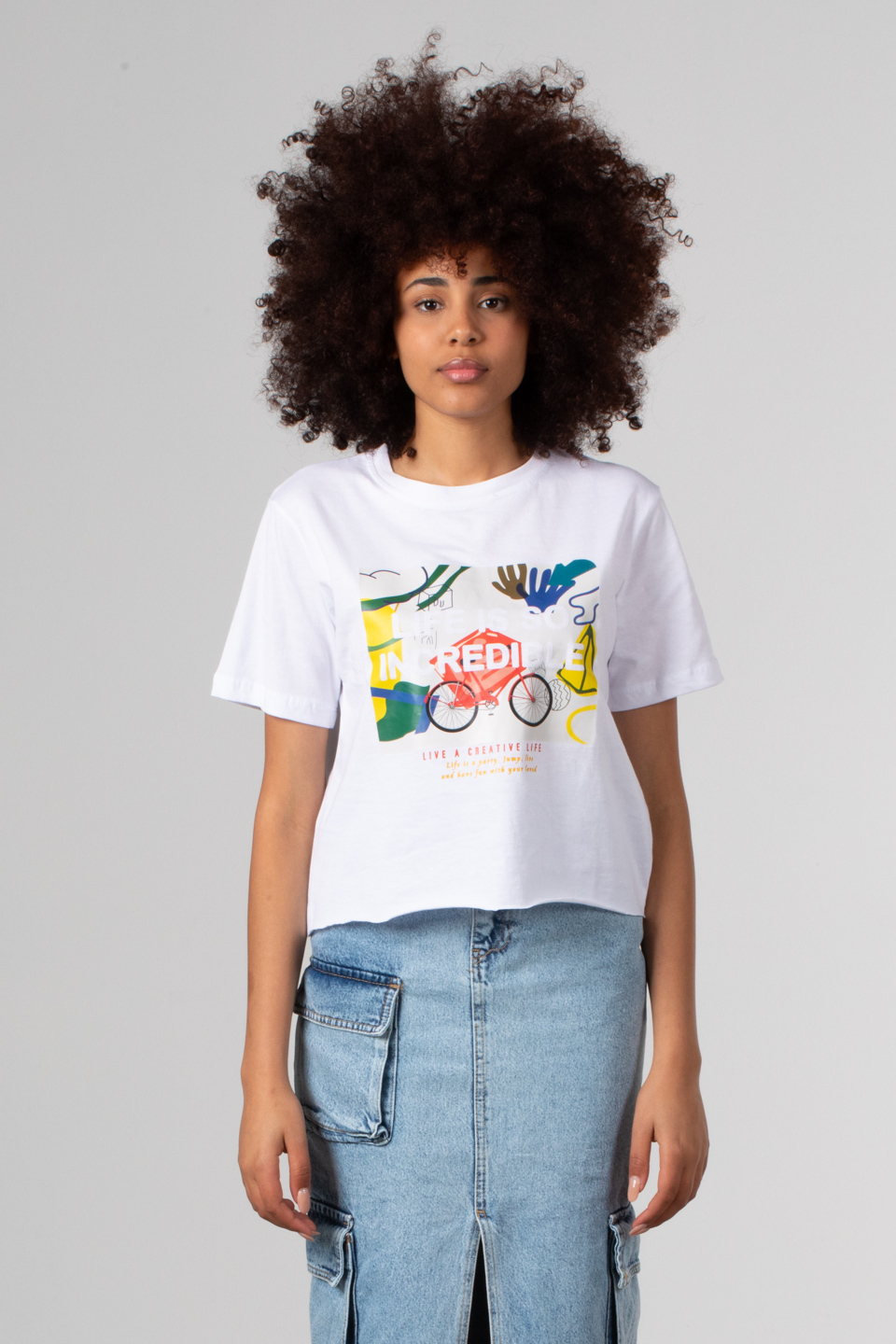 Önü bisiklet baskılı crop t-shirt-182 Beyaz