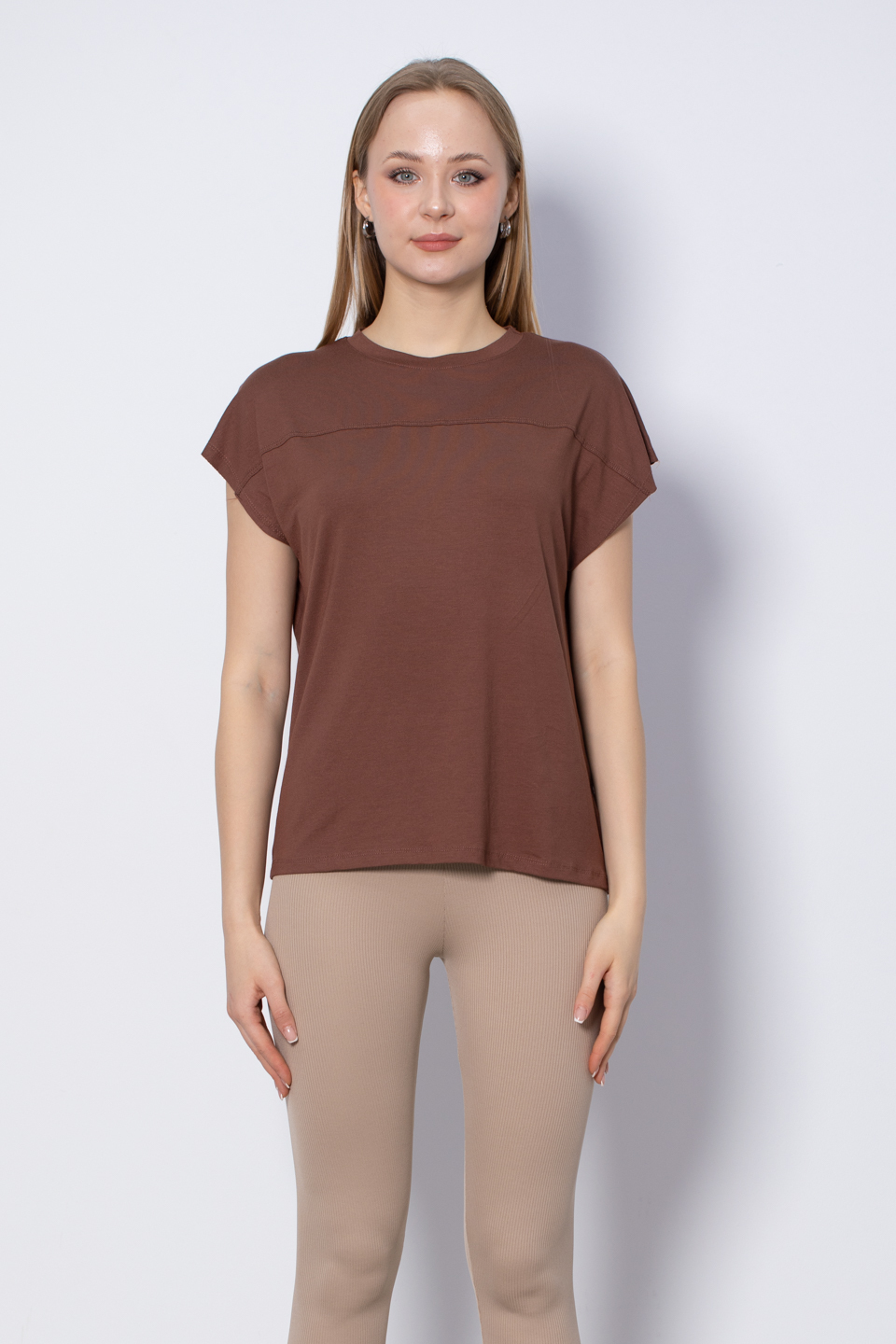 Önü Biye Detaylı T-Shirt - Kahve