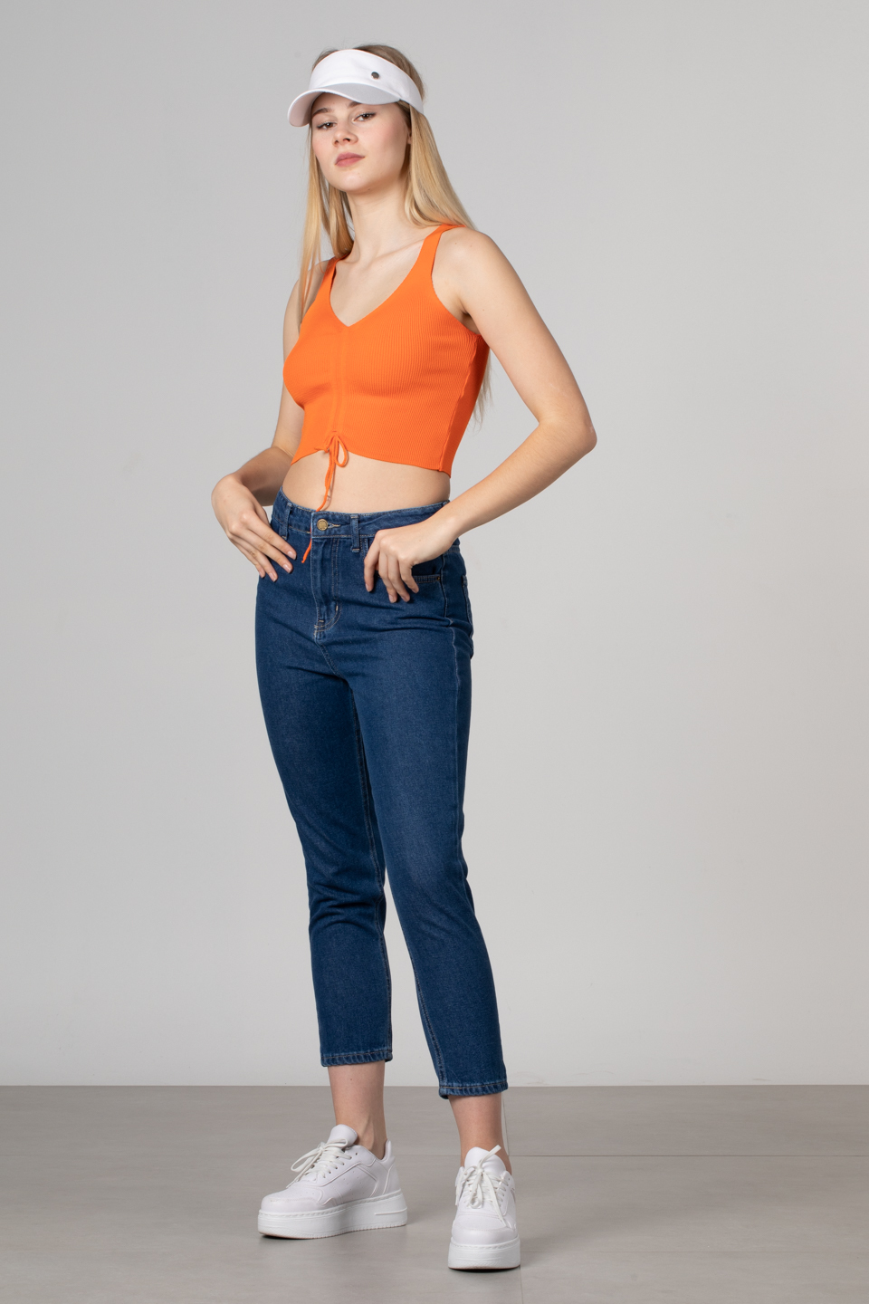 Önü büzgülü askılı crop body-8328 Oranj