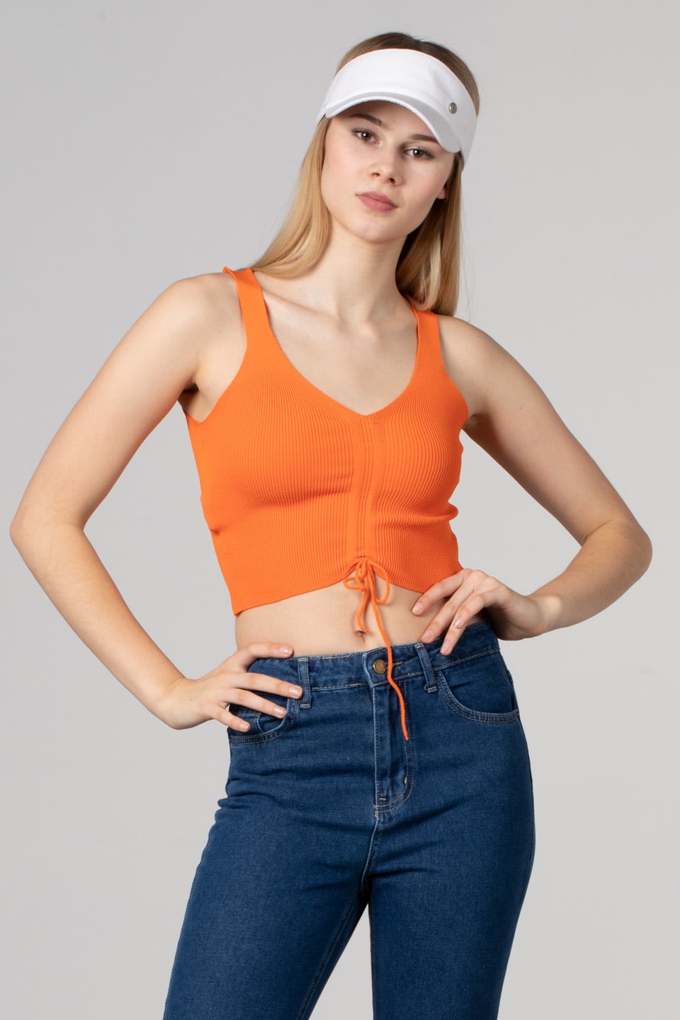 Önü büzgülü askılı crop body-8328 Oranj