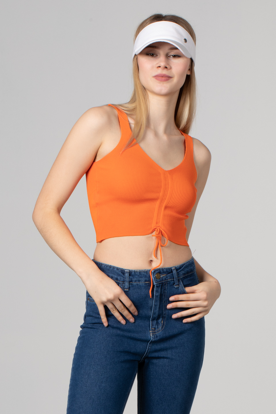 Önü büzgülü askılı crop body-8328 Oranj