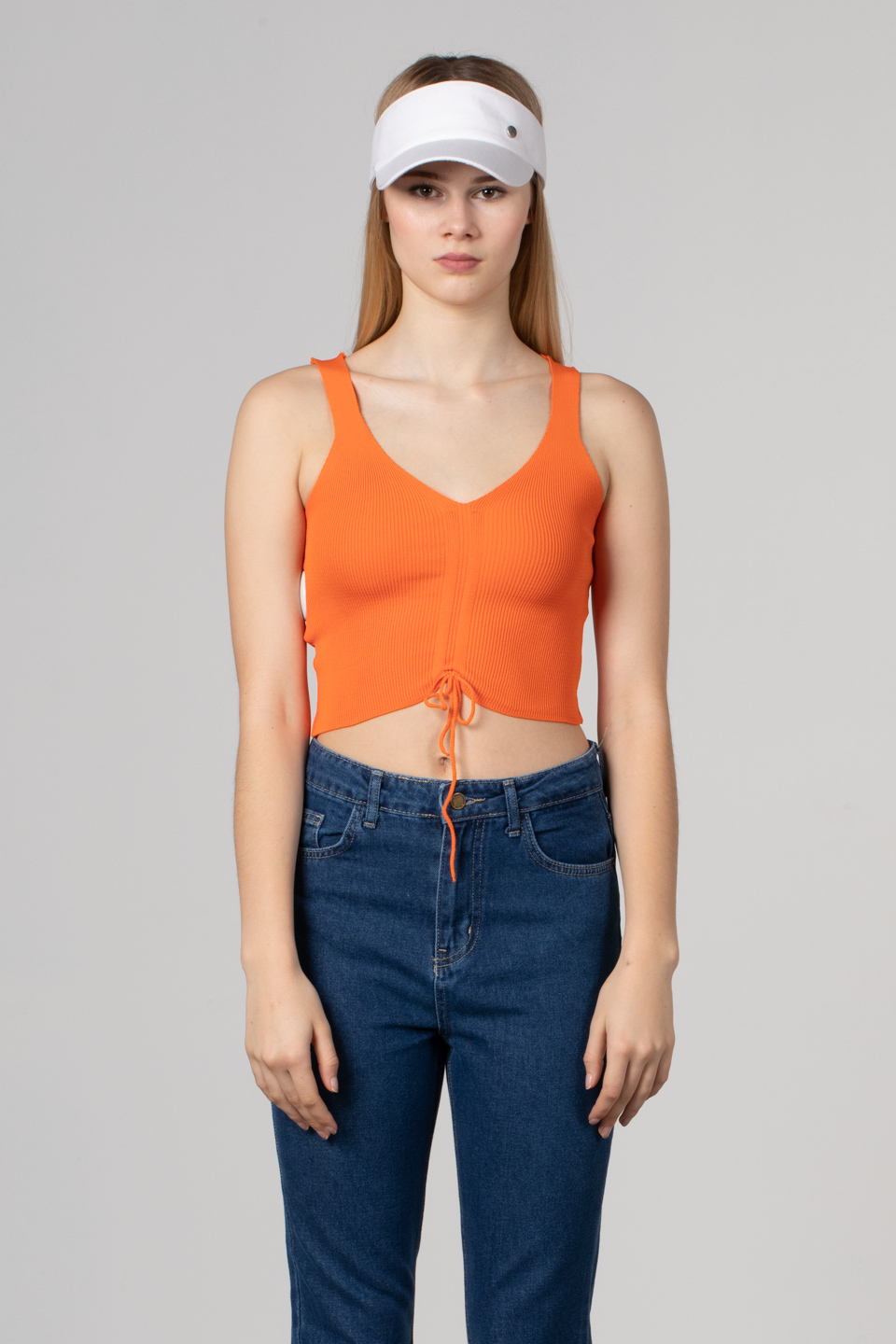Önü büzgülü askılı crop body-8328 Oranj
