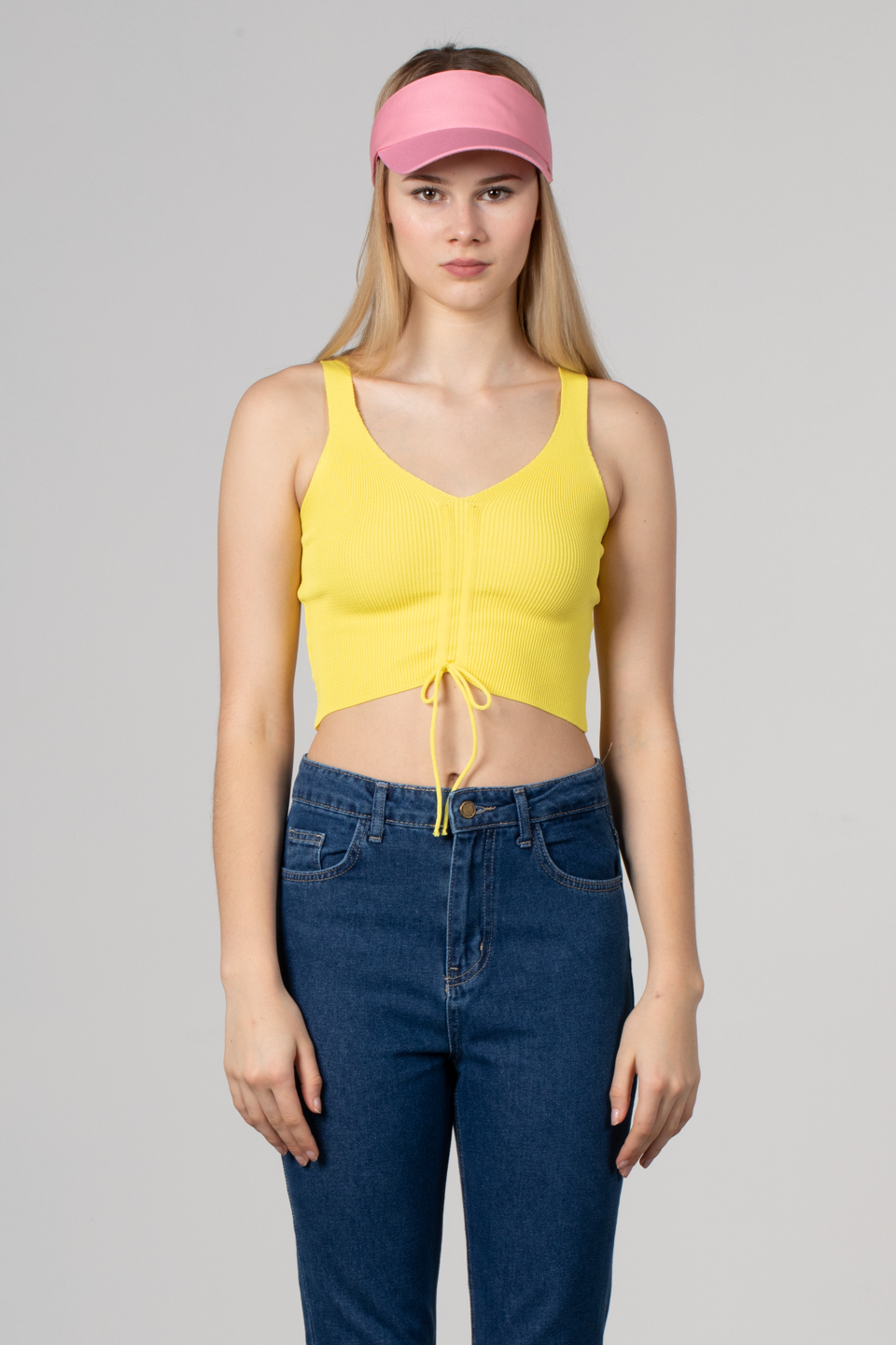 Önü büzgülü askılı crop body-8328 Sarı