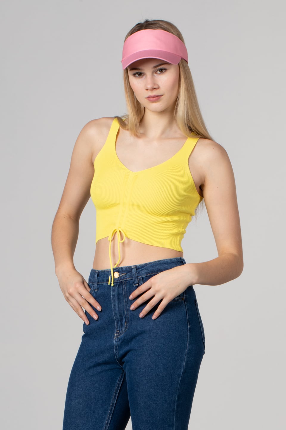 Önü büzgülü askılı crop body-8328 Sarı