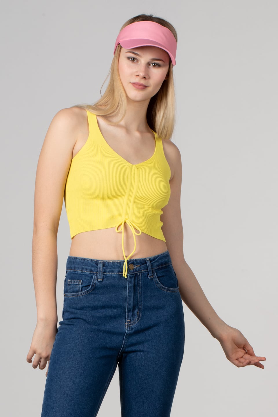 Önü büzgülü askılı crop body-8328 Sarı