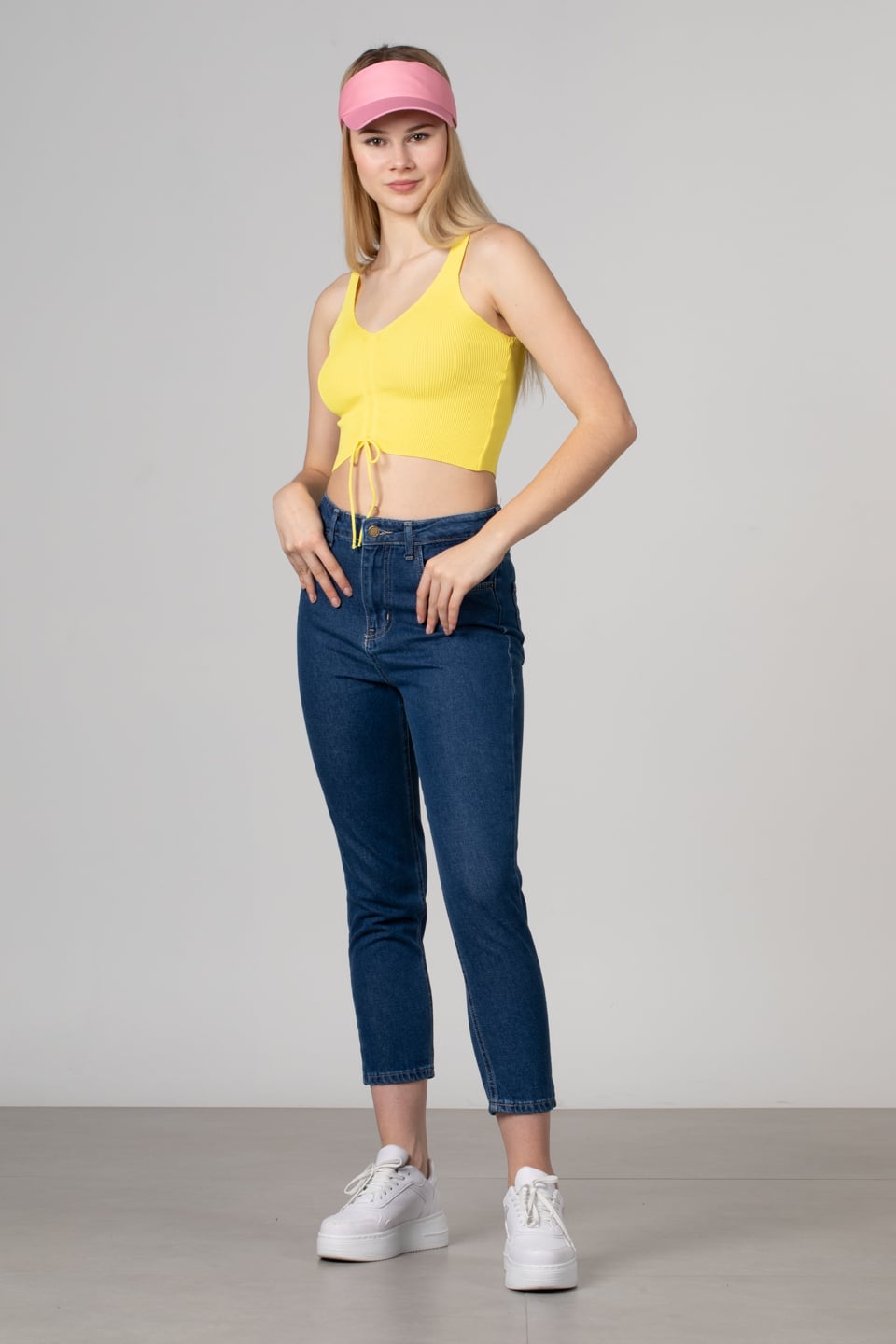 Önü büzgülü askılı crop body-8328 Sarı