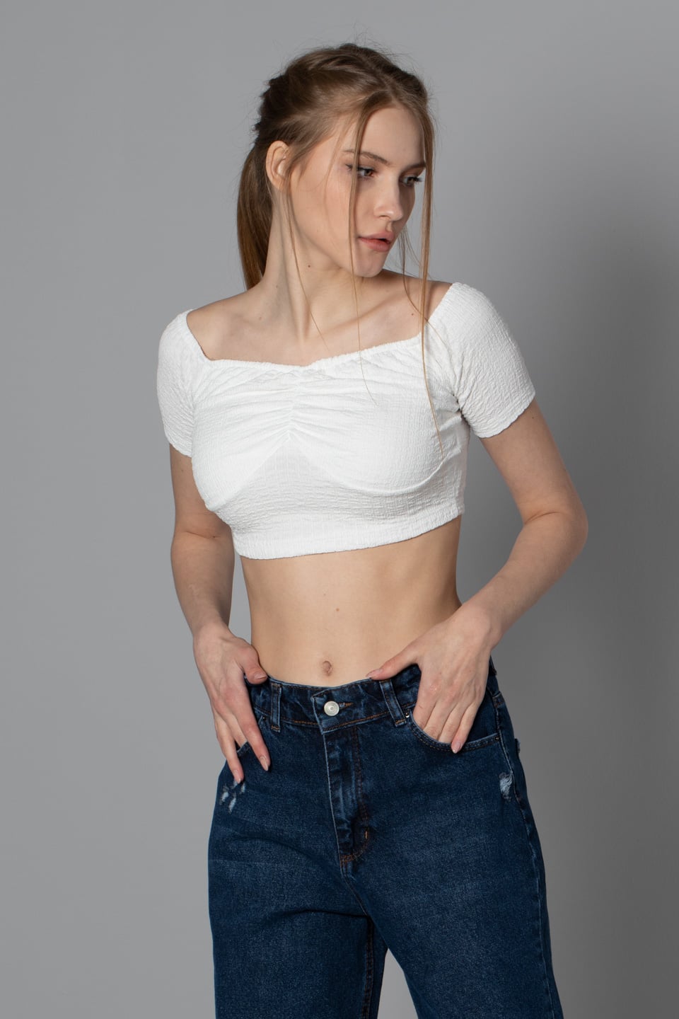 Önü büzgülü kayık yaka bluz-0253 Ekru