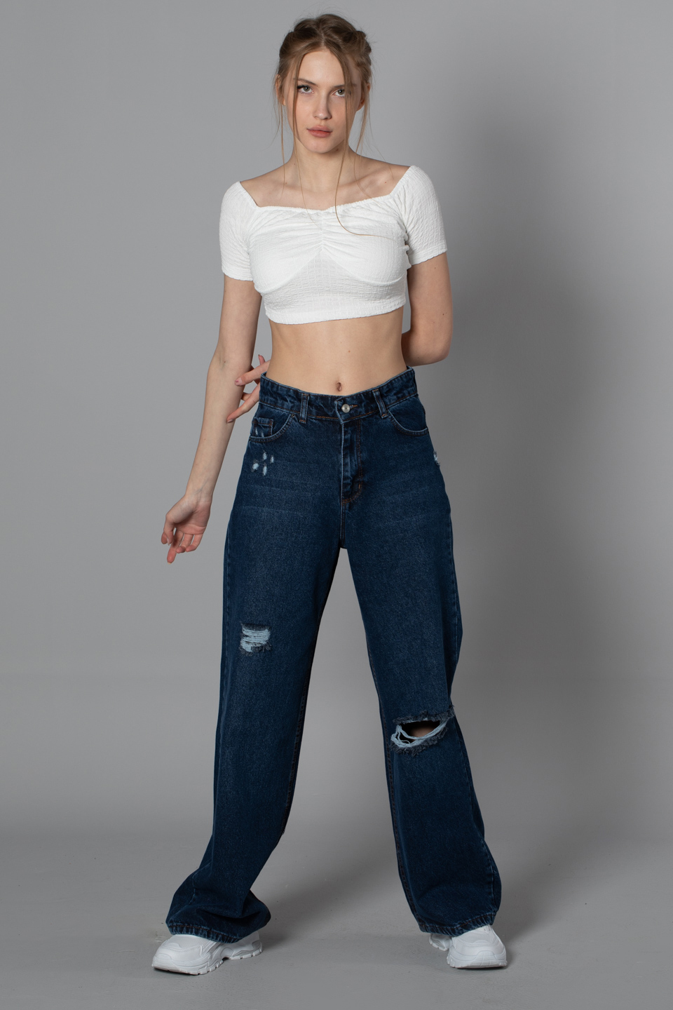 Önü büzgülü kayık yaka bluz-0253 Ekru