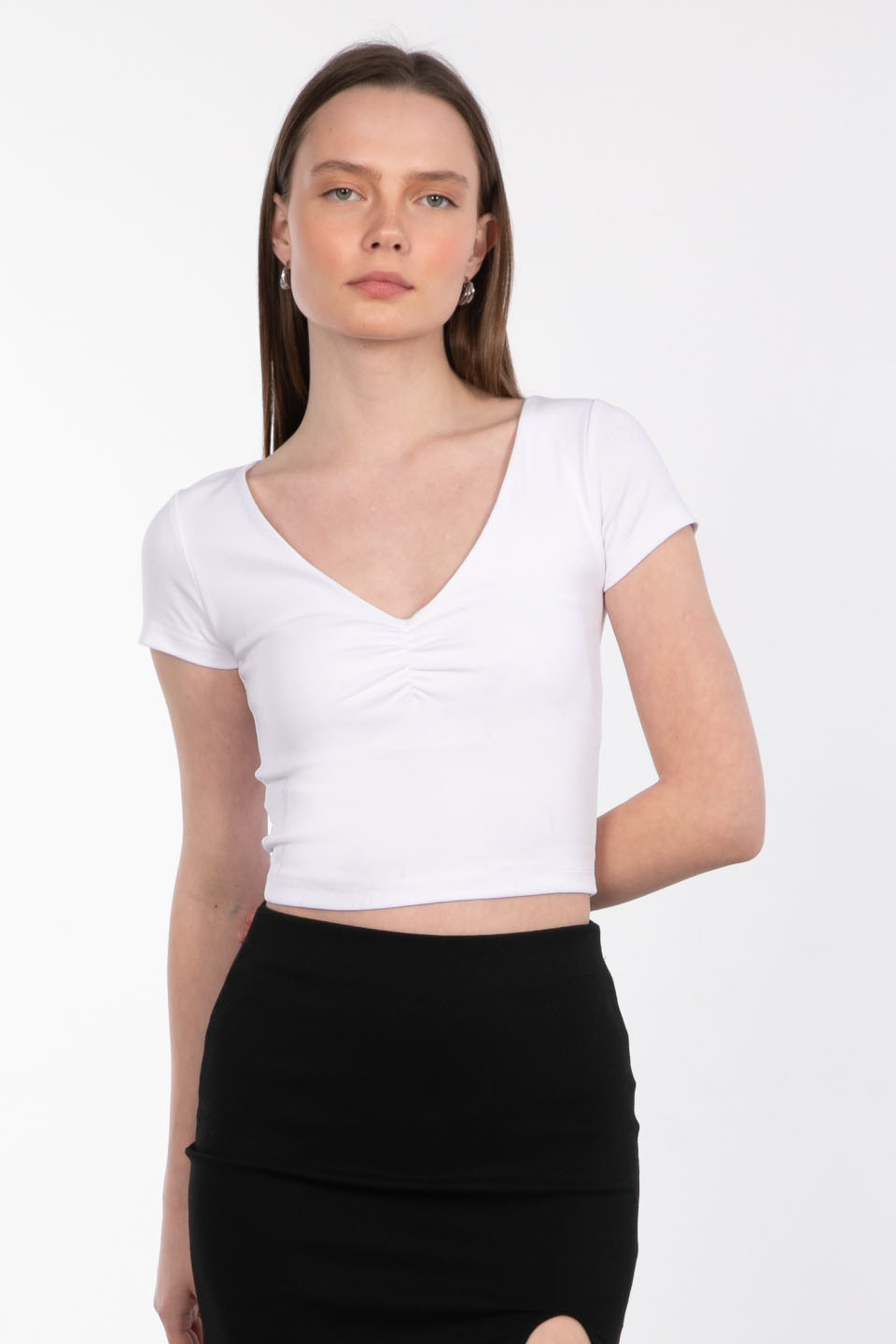 Önü büzgülü v yaka body-4225 Beyaz