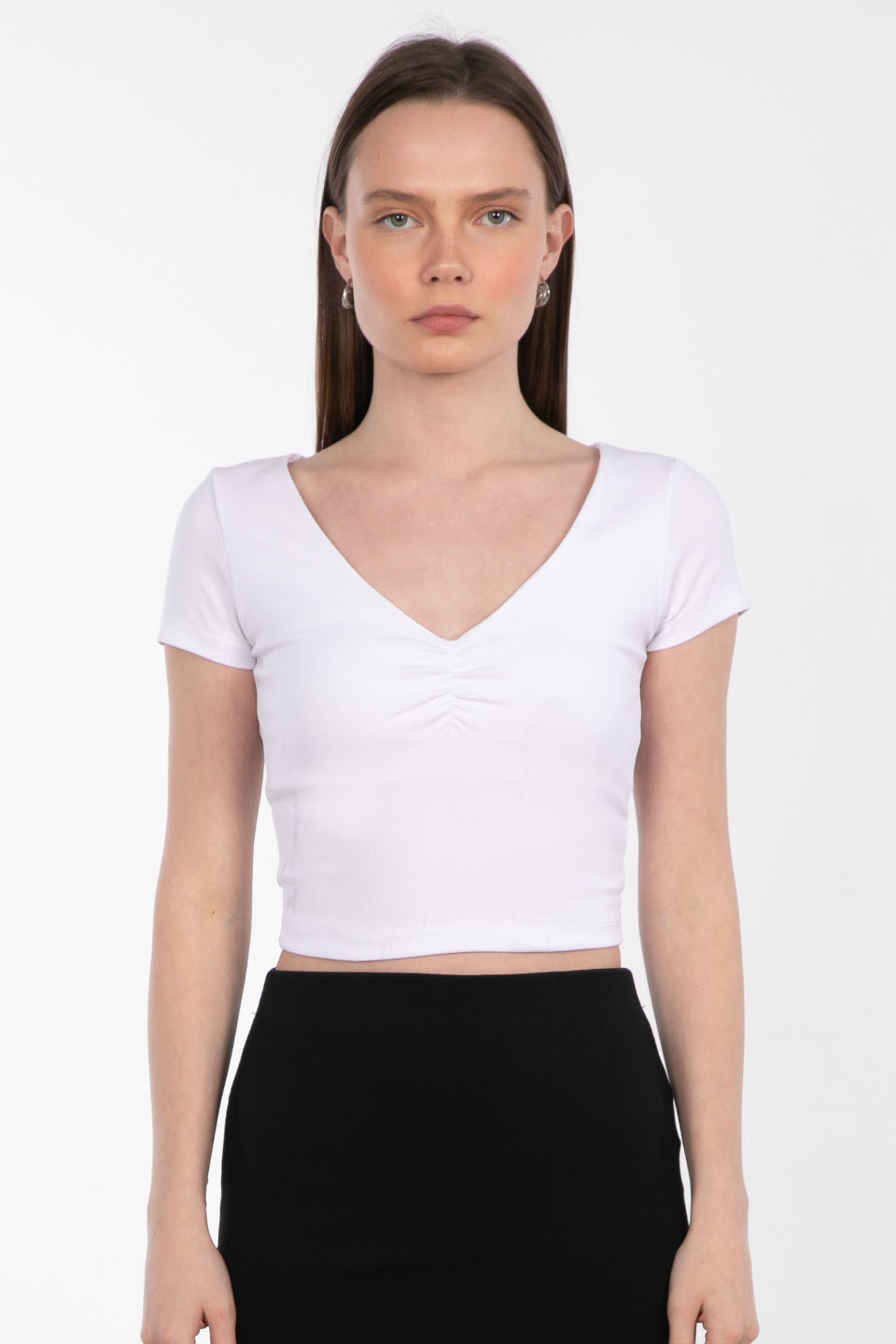 Önü büzgülü v yaka body-4225 Beyaz