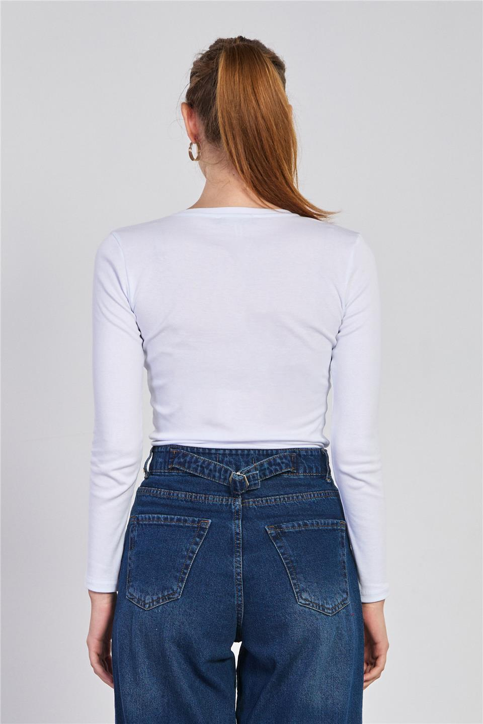 Önü çıtçıtlı uzun kol body-3104 Beyaz