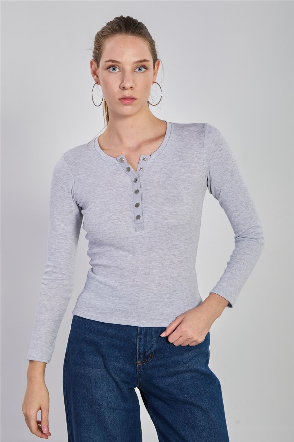 Önü çıtçıtlı uzun kol body-3104 Kar Melanj