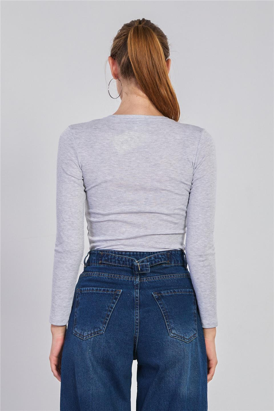 Önü çıtçıtlı uzun kol body-3104 Kar Melanj