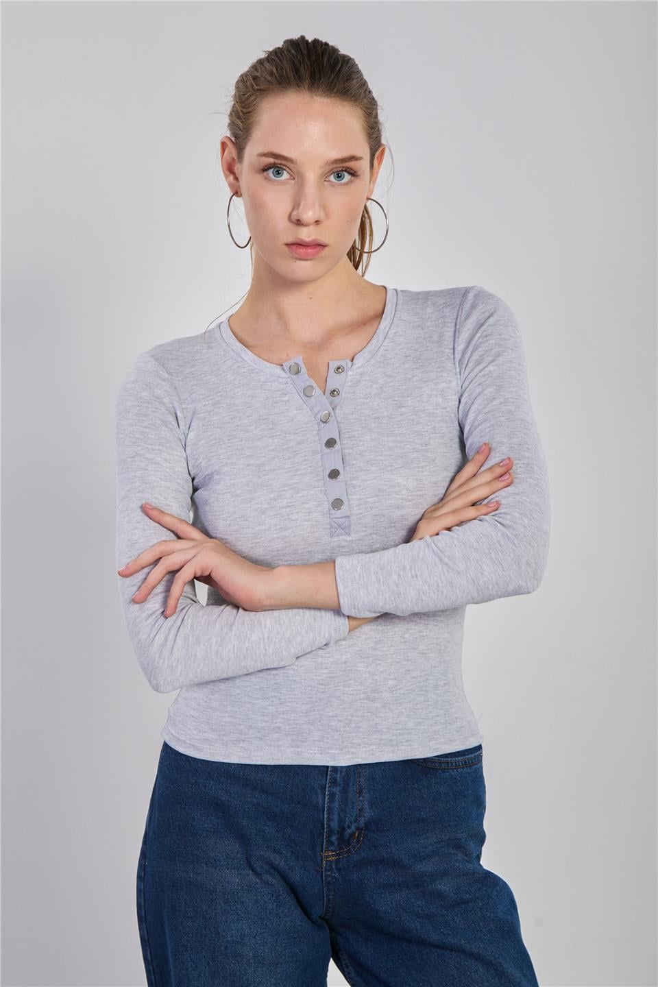 Önü çıtçıtlı uzun kol body-3104 Kar Melanj