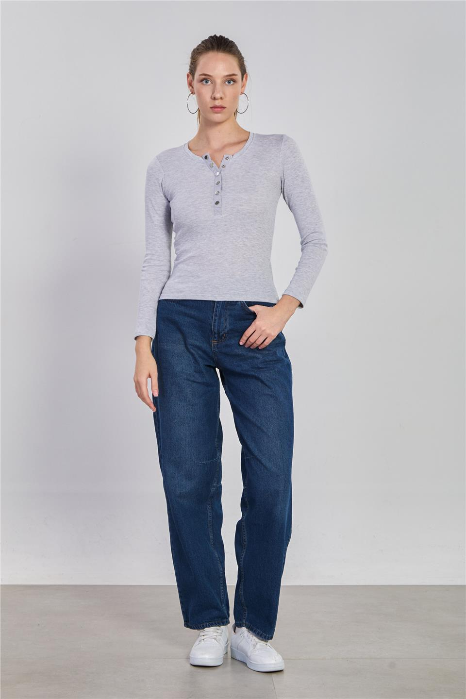 Önü çıtçıtlı uzun kol body-3104 Kar Melanj