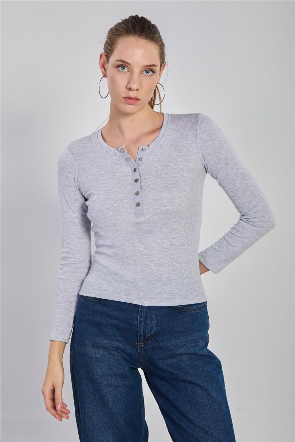 Önü çıtçıtlı uzun kol body-3104 Kar Melanj