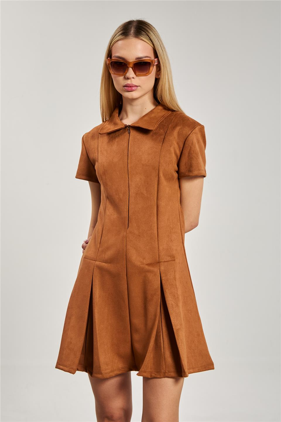 Önü fermuarlı polo yaka süet elbise-6438 Taba