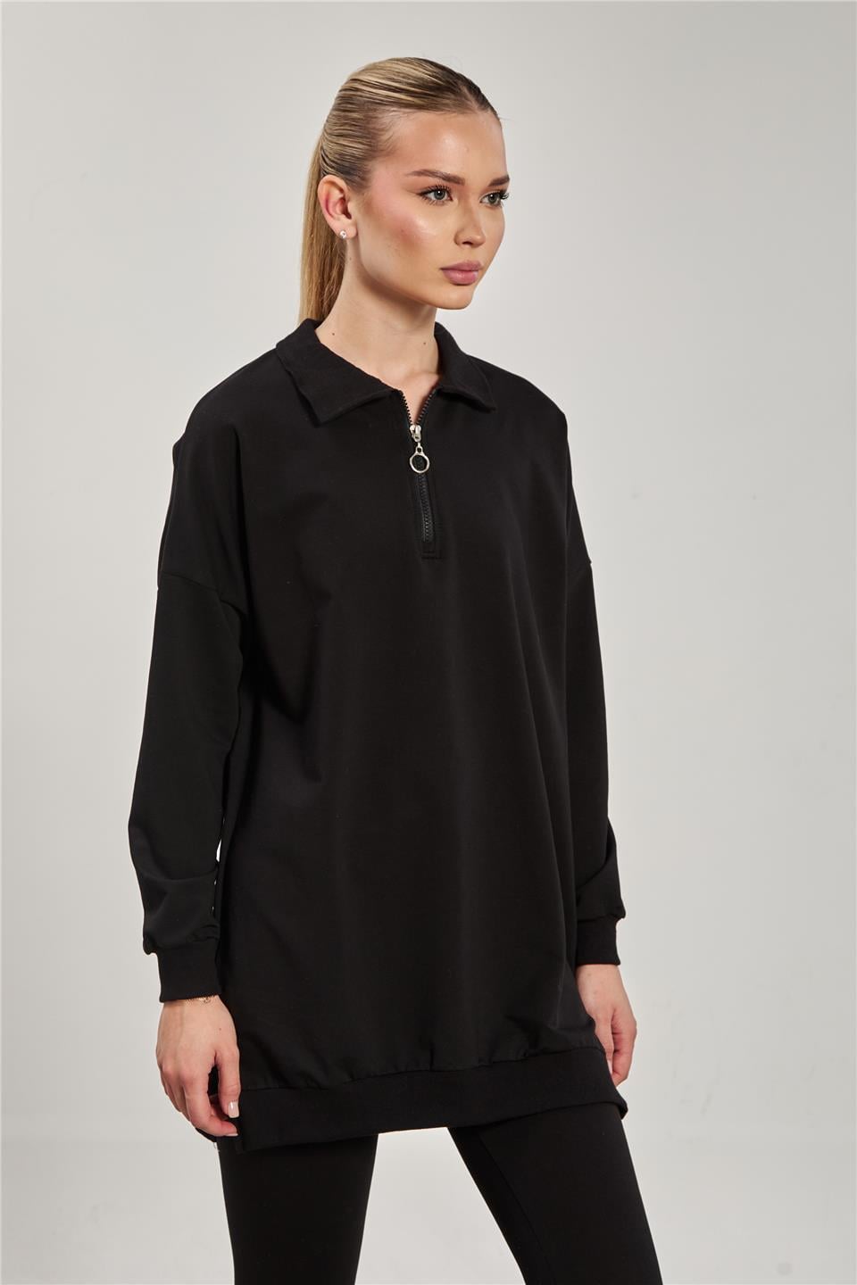 Önü fermuarlı polo yaka sweatshirt-6059 Siyah