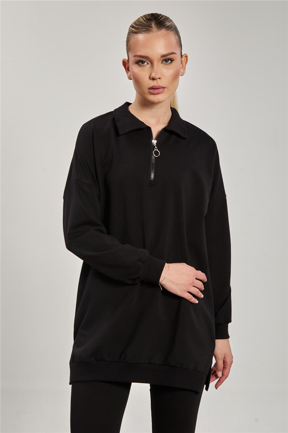 Önü fermuarlı polo yaka sweatshirt-6059 Siyah