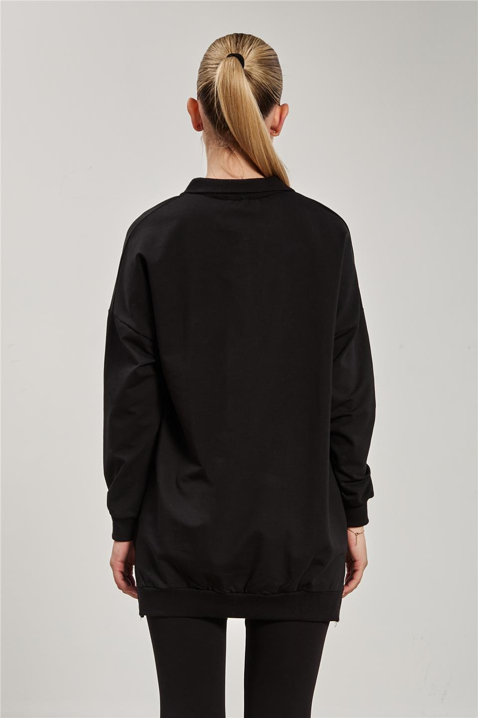 Önü fermuarlı polo yaka sweatshirt-6059 Siyah