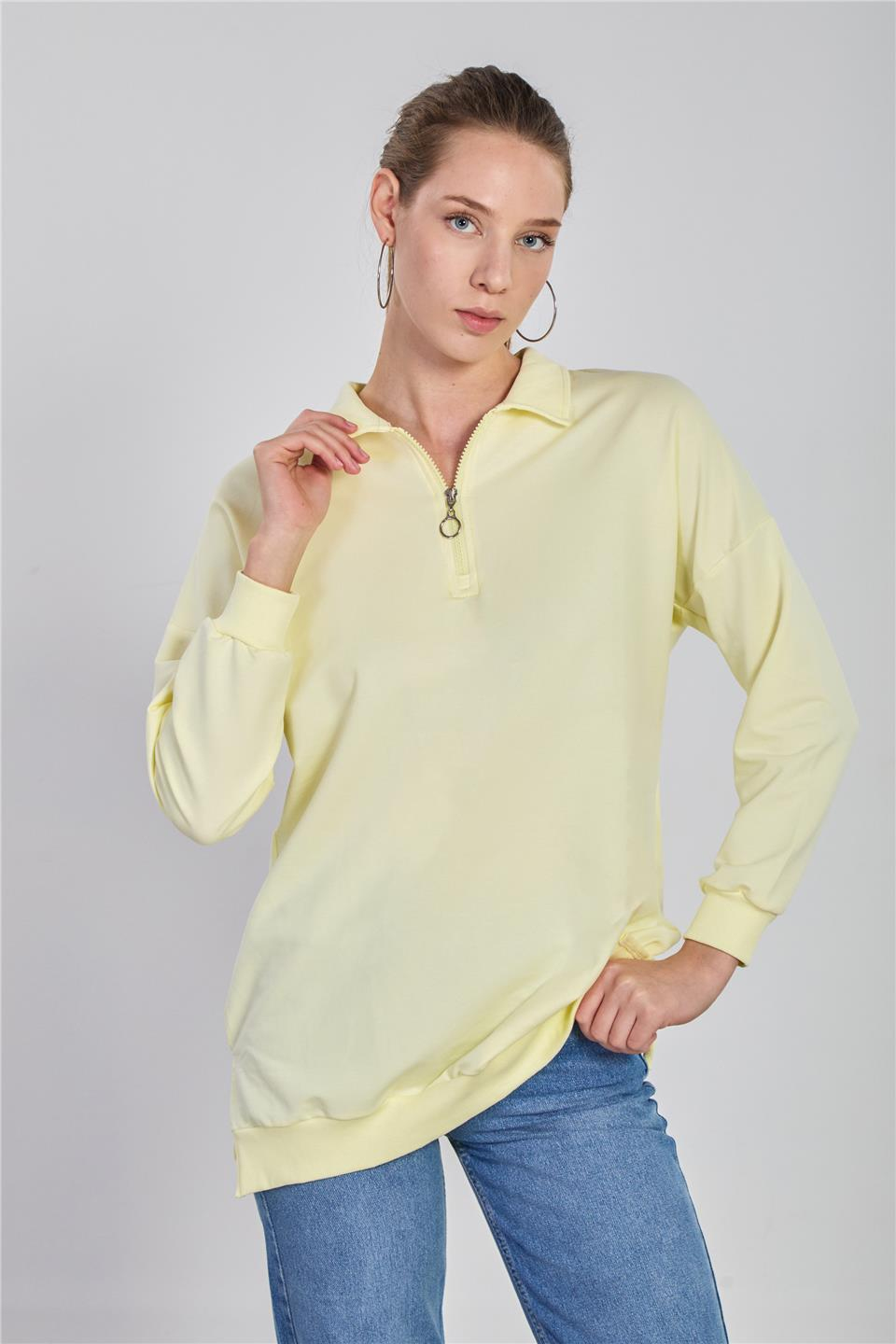 Önü fermuarlı polo yaka sweatshirt-6059 Sarı