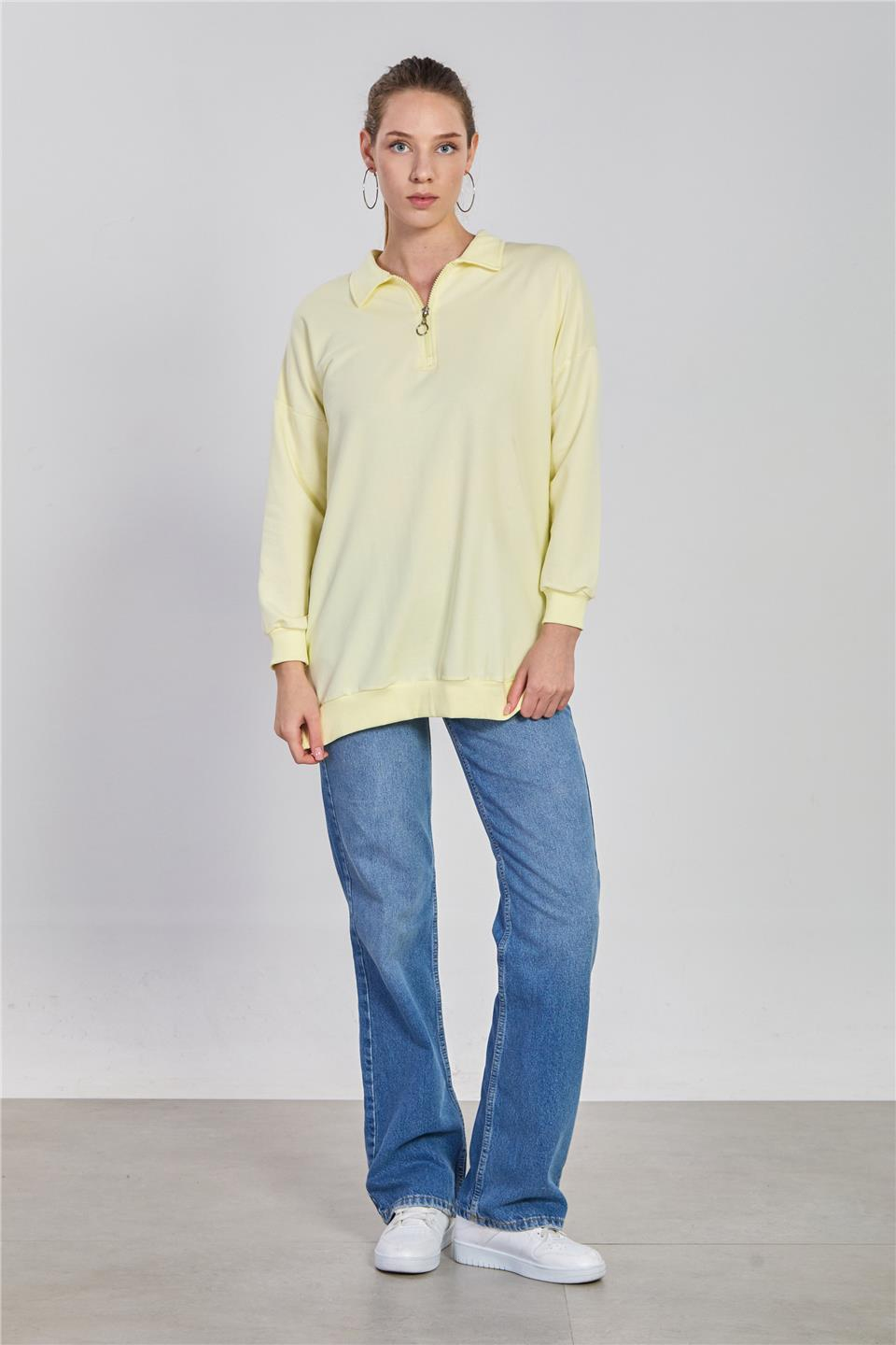 Önü fermuarlı polo yaka sweatshirt-6059 Sarı