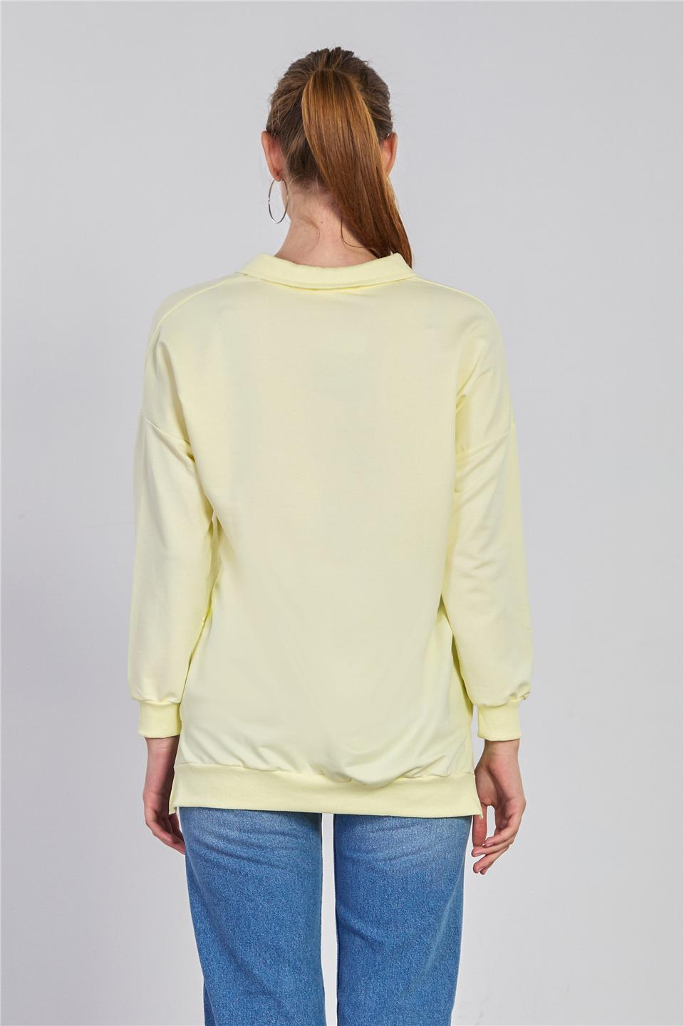 Önü fermuarlı polo yaka sweatshirt-6059 Sarı
