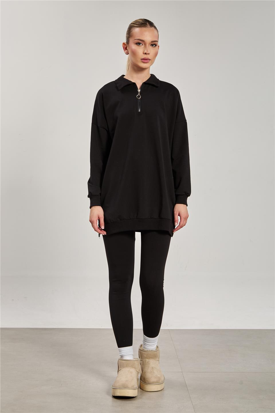 Önü fermuarlı polo yaka sweatshirt-6059 Siyah